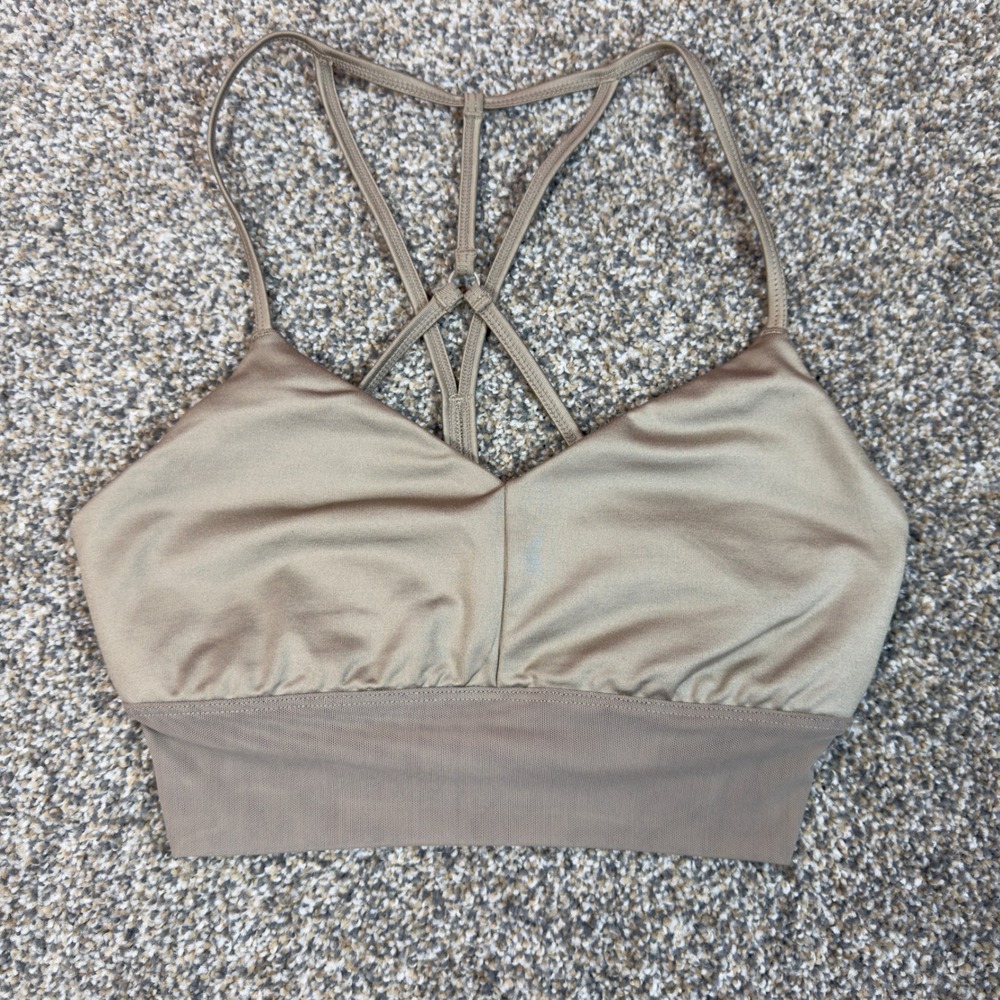 Alo Yoga Strappy Back Sports Bra Taupe Metallic V-Neck Mesh Band XS RN67370